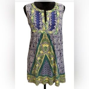 Alberto Malaki Blue and Green Tunic Top 100%Viscose Size M Decorative Boho